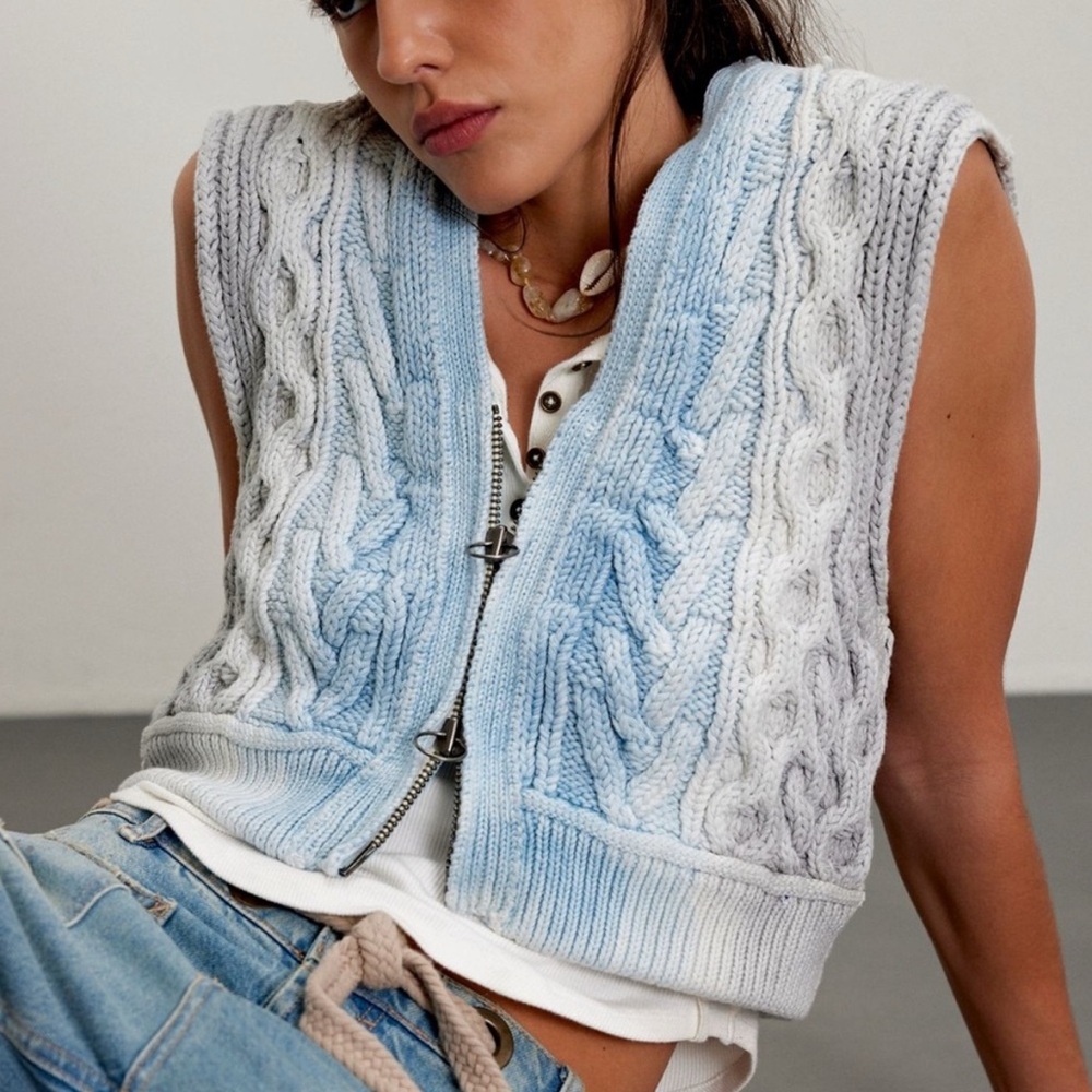 We The Free Cable Knit Zip Front Vest in Light Blue and White